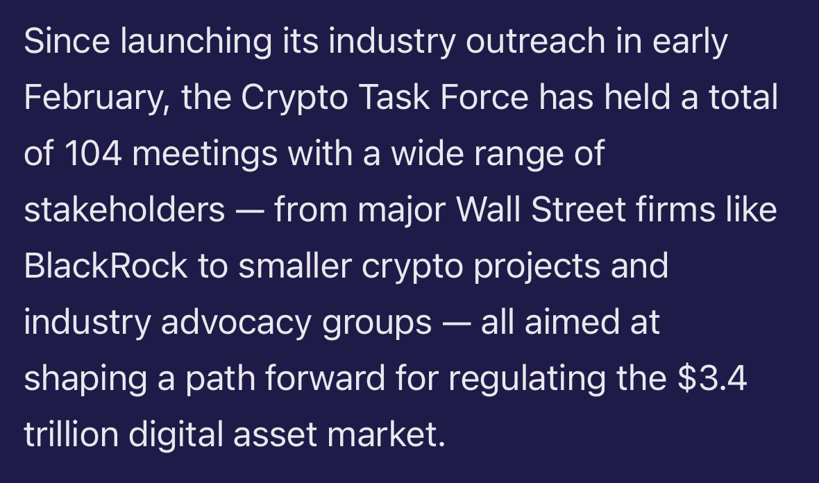 Nate Geraci (@nategeraci) on Twitter photo Great stat via <a href="/EleanorTerrett/">Eleanor Terrett</a>…
SEC Crypto Task Force has already surpassed *100* meetings w/ industry stakeholders.
Task Force just launched at end of January.
Imagine if there had been this level of positive engagement over past several years. Great stat via <a href="/EleanorTerrett/">Eleanor Terrett</a>…
SEC Crypto Task Force has already surpassed *100* meetings w/ industry stakeholders.
Task Force just launched at end of January.
Imagine if there had been this level of positive engagement over past several years.