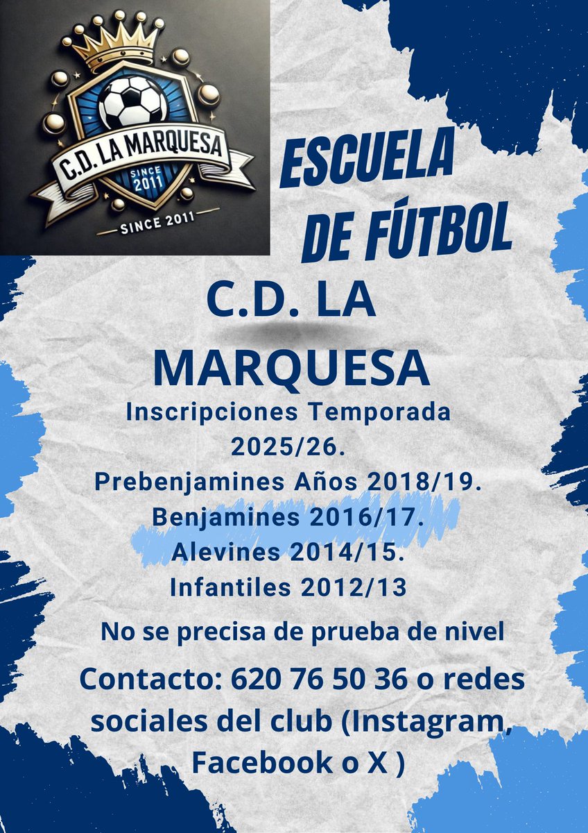 Si estas interesado en aprender a jugar al fútbol y en pasar buenos ratos en un entorno amigable, con compañeros y entrenadores de confianza, ponte en contacto con nosotros, <a href="/CdMarquesa/">CD La Marquesa</a>, te esperamos con los brazos abiertos.  
Empezamos a preparar la temporada 2025/26 desde ya.