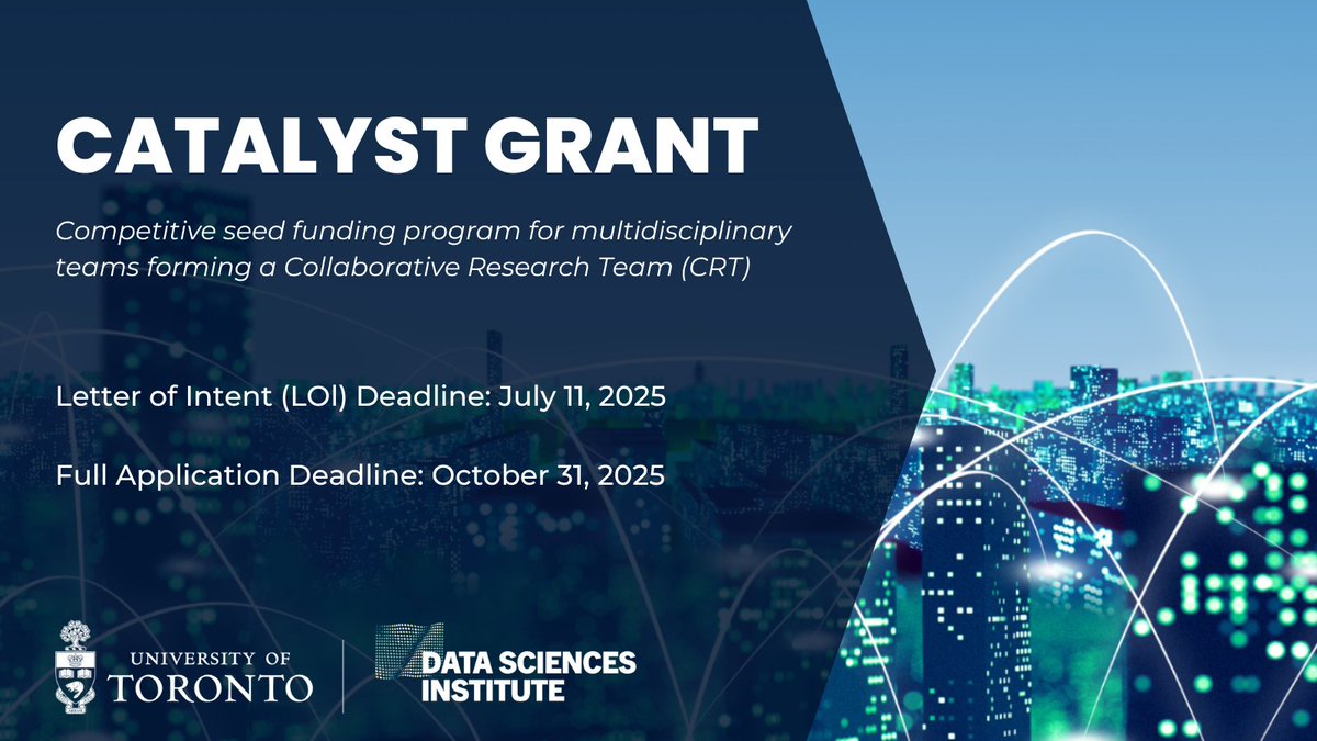 Edwin S.H. Leong Centre for Healthy Children (@leongcentre) on Twitter photo 📢Calling all researchers! A reminder that the <a href="/UofTDSI/">U of T Data Sciences Institute (DSI)</a> & <a href="/LeongCentre/">Edwin S.H. Leong Centre for Healthy Children</a> Catalyst Grant for Data Science in Child Health Equity is open.
đź’°Up to $100K available
đź“…LOI deadline: July 11
🔗 datasciences.utoronto.ca/catalyst-grant/ 📢Calling all researchers! A reminder that the <a href="/UofTDSI/">U of T Data Sciences Institute (DSI)</a> & <a href="/LeongCentre/">Edwin S.H. Leong Centre for Healthy Children</a> Catalyst Grant for Data Science in Child Health Equity is open.
đź’°Up to $100K available
đź“…LOI deadline: July 11
đź”— datasciences.utoronto.ca/catalyst-grant/
