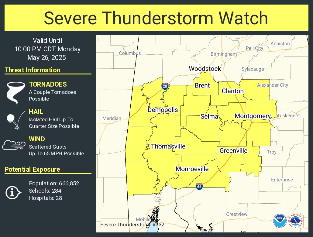 NWSBirmingham's tweet image. A severe thunderstorm watch has been issued for parts of Alabama until 10 PM CDT