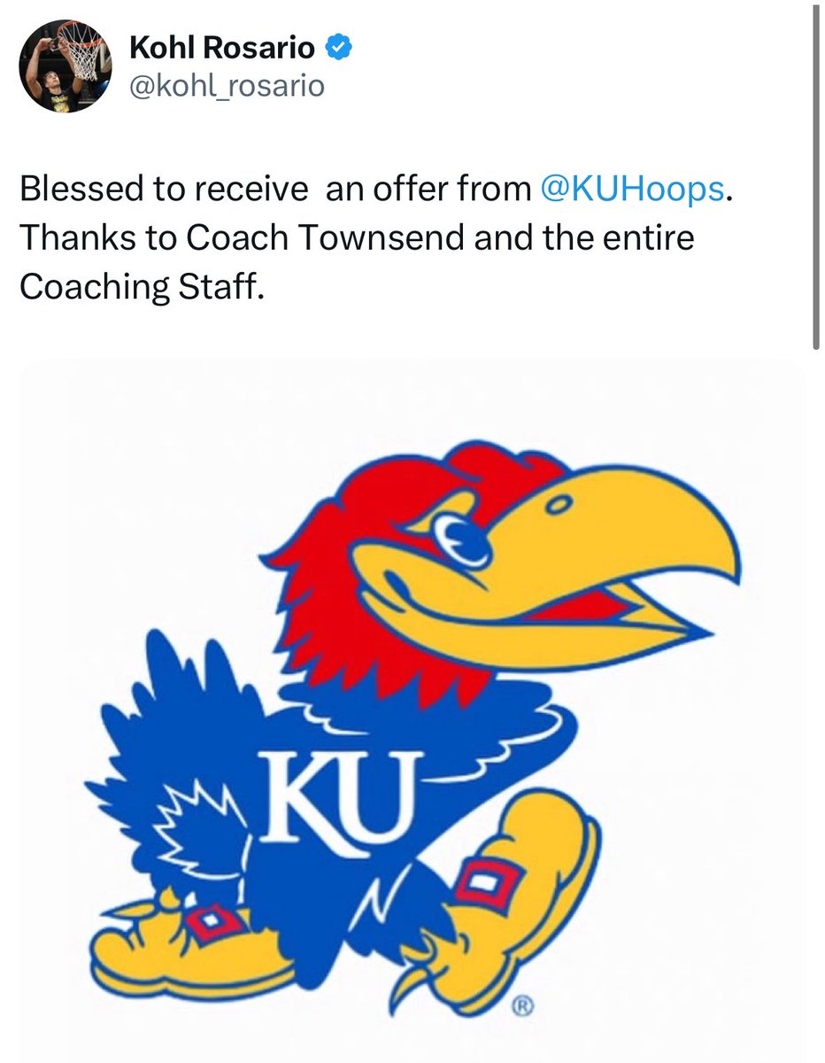 OvertimeElite's tweet photo. Kohl Rosario has received an offer from KANSAS 🚨 @kohl_rosario 

Avg at U18 ANGE:
15 PPG l 3.3 RPG l 2.7 SPG l 42% 3PT https://t.co/KErKpgHsQc