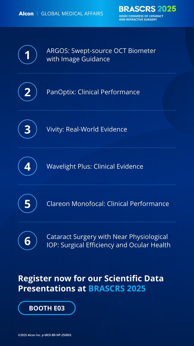 SeeAlconScience's tweet image. Don’t miss our Scientific Exchange Presentations at @ABCCR_BRASCRS Booth E03. We’ll be delving into intraocular lens (#IOL) performance, regulation of tear production and more. Register now to attend: bit.ly/3ZmiU8D

#BRASCRS2025 #AlconScience