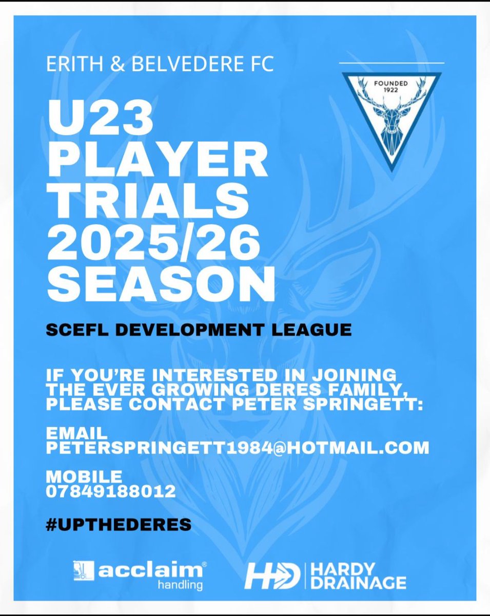 We are delighted to confirm that we will be relaunching our Under 23 Development side next season

Please email peterspringett1984@hotmail.com for more information about trials

#UptheDeres🦌