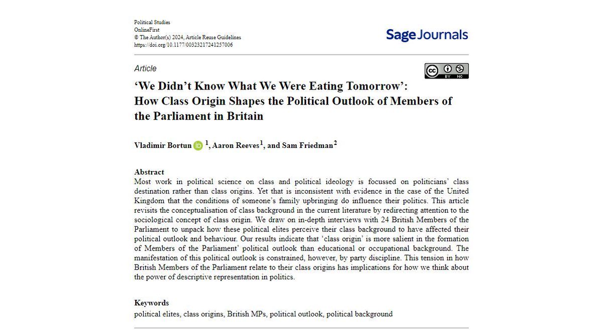 Political Studies (@polstudies) on Twitter photo IN NEW ISSUE: How does class origin shape the political outlook of Britain's MPs? <a href="/BortunVladimir/">Vladimir Bortun</a>, <a href="/aaronsreeves/">Aaron Reeves</a> & <a href="/SamFriedmanSoc/">Sam Friedman</a> find it may have bigger impact than educational or occupational background. OPEN ACCESS: buff.ly/zCnlACB
<a href="/PolStudiesAssoc/">Political Studies Association</a> @SAGECQPolitics IN NEW ISSUE: How does class origin shape the political outlook of Britain's MPs? <a href="/BortunVladimir/">Vladimir Bortun</a>, <a href="/aaronsreeves/">Aaron Reeves</a> & <a href="/SamFriedmanSoc/">Sam Friedman</a> find it may have bigger impact than educational or occupational background. OPEN ACCESS: buff.ly/zCnlACB
<a href="/PolStudiesAssoc/">Political Studies Association</a> @SAGECQPolitics