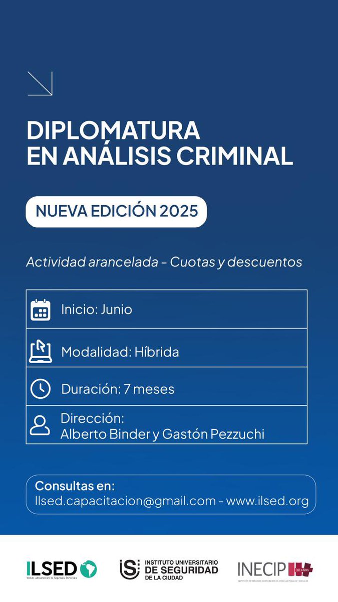📢Diplomatura en Análisis Criminal 2025 

💲 Actividad arancelada
💻 Modalidad híbrida
🗓️ Inicia sábado 21 de junio
🕞 Duración 7 meses 

Organizan: ILSED - INECIP - IUSE

Directores: Alberto Binder y Gastón Pezzuchi 

INSCRIPCIÓN ABIERTA

🌐 link: 
forms.gle/D4cYtRtn9g78Fm…