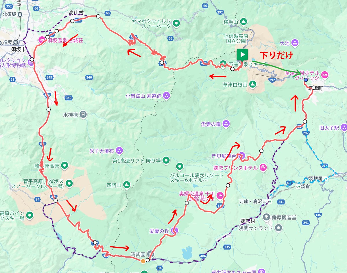 ＜R17で夜間通行規制が解除にならなかった場合＞
17時に万座三叉路に間に合わないときに、迂回してゴールに戻るルートを一応公開します。（誰も必要にならないことを強く願います）
ridewithgps.com/routes/50944837
96.7km/2,112m up
（緑のオリジナルコースだとこの区間13.7km ほぼ下りだけ）