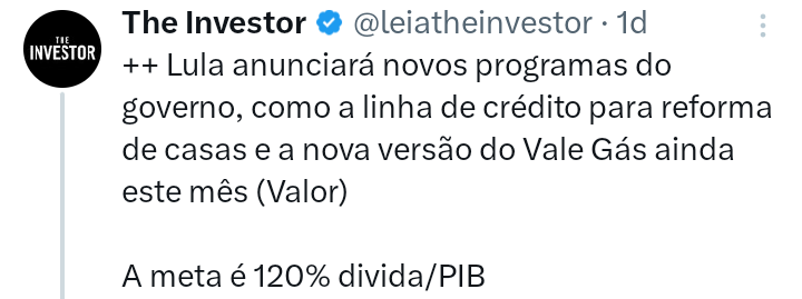 - Pagamento de juros: 1 trilhão ao ano (quase 50% da arrecadação federal)

- Desonerações fiscais para grandes empresários: 800 bilhões (35% da arrecadação federal)

- Gás para Todos: 2 bilhões (0,2% da arrecadação federal)

O que aumenta a dívida pública? O gás dos pobres...