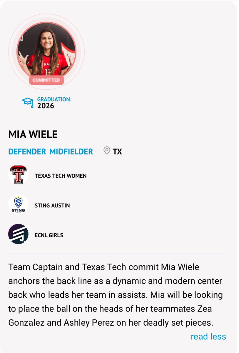 Mia Wiele, Texas Tech Womens Soccer ‘30 (@miawiele) on Twitter photo Big THANKS 🙏 to <a href="/TheSoccerWire/">SoccerWire</a> for the shoutout…Come see the uncommitted talent on <a href="/stingatx_2008/">STING ATX 2008 ECNL</a> in North Carolina next weekend🔵⚪️⚽️‼️ Big THANKS 🙏 to <a href="/TheSoccerWire/">SoccerWire</a> for the shoutout…Come see the uncommitted talent on <a href="/stingatx_2008/">STING ATX 2008 ECNL</a> in North Carolina next weekend🔵⚪️⚽️‼️