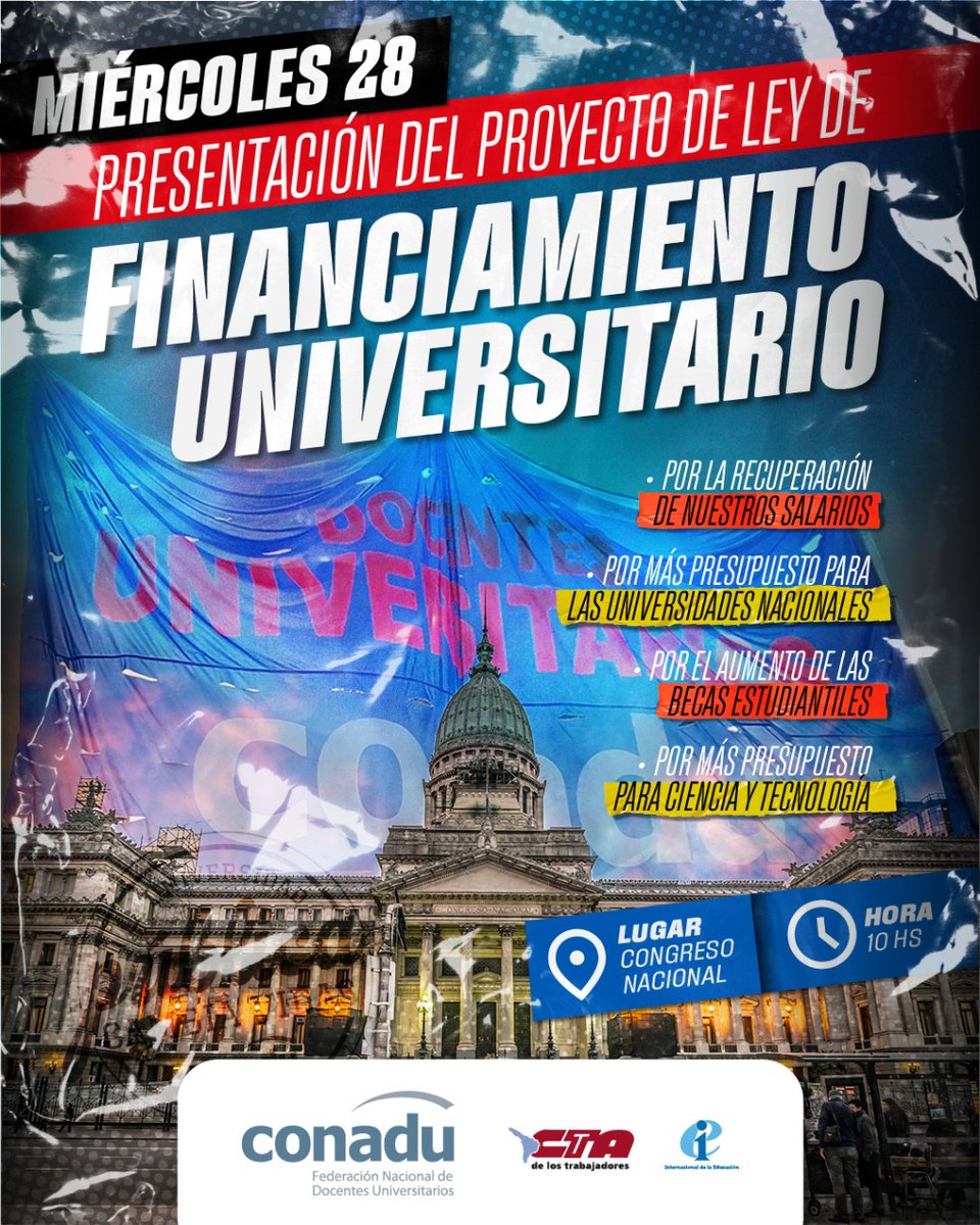 🔵Presentación del Proyecto de Ley de FINANCIAMIENTO UNIVERSITARIO

☑Por la recuperación de nuestros salarios
☑Por más presupuesto para las Universidades Nacionales
☑Por el aumento de las Becas estudiantiles
☑Por más presupuesto para Ciencia y Tecnología

📍28 de mayo, 10 hs.