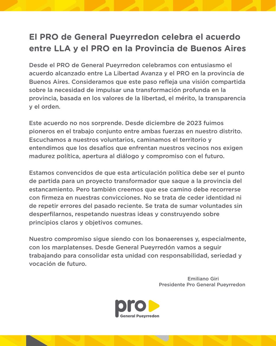 EI PRO de General Pueyrredon celebra el acuerdo entre LLA y el PRO en la Provincia de Buenos Aires.