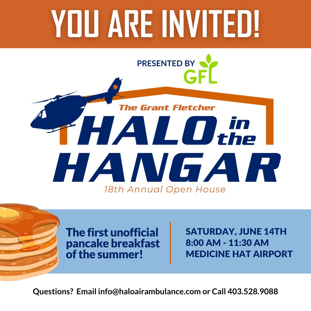 Join us Saturday, June 14 at the PRSD Hangar for a FREE pancake breakfast (while supplies last), tours of our lifesaving helicopters, and the chance to meet the amazing HALO crew.

Medicine Hat Airport | 8AM – 11:30AM
#HALOInTheHangar #HALOAirAmbulance #MedHat #SouthernAlberta