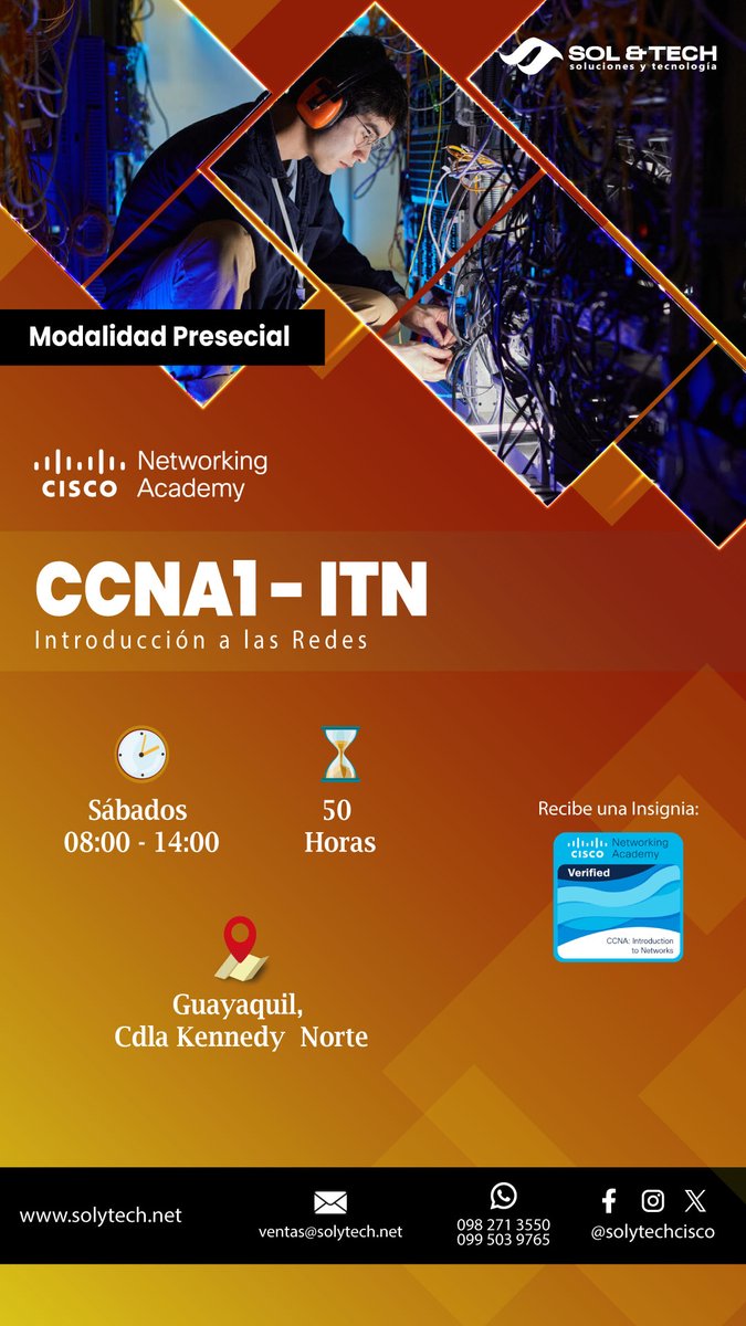 SolytechCisco's tweet image. 👨🏻‍🏫 Clases 100% presenciales
📄 Certificado avalado por Cisco Networking Academy
💻 Acceso a la plataforma Cisco NETACAD
🤵🏻‍♂️ Instructores acreditados y certificados a nivel internacional

📆 Horario: Sábado 08:00-14:00
📆 Fecha de inicio: 15 de Junio

#CCNA #SOLYTECH #ITN