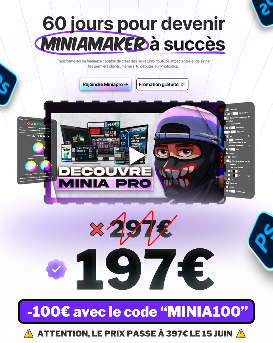 C’est exclusif !!!!!🔥

-100€ avec le code MINIA100 → Minia-pro.com pour 197€ pendant 2 semaines.

Après ? Ce sera 397€ à partir du 15 juin 😈

Pour rappel, Minia-pro.com c'est : 

✅ Accès illimité à vie
🎥 +30h de vidéos sans filtre
🧠 Plan d’action