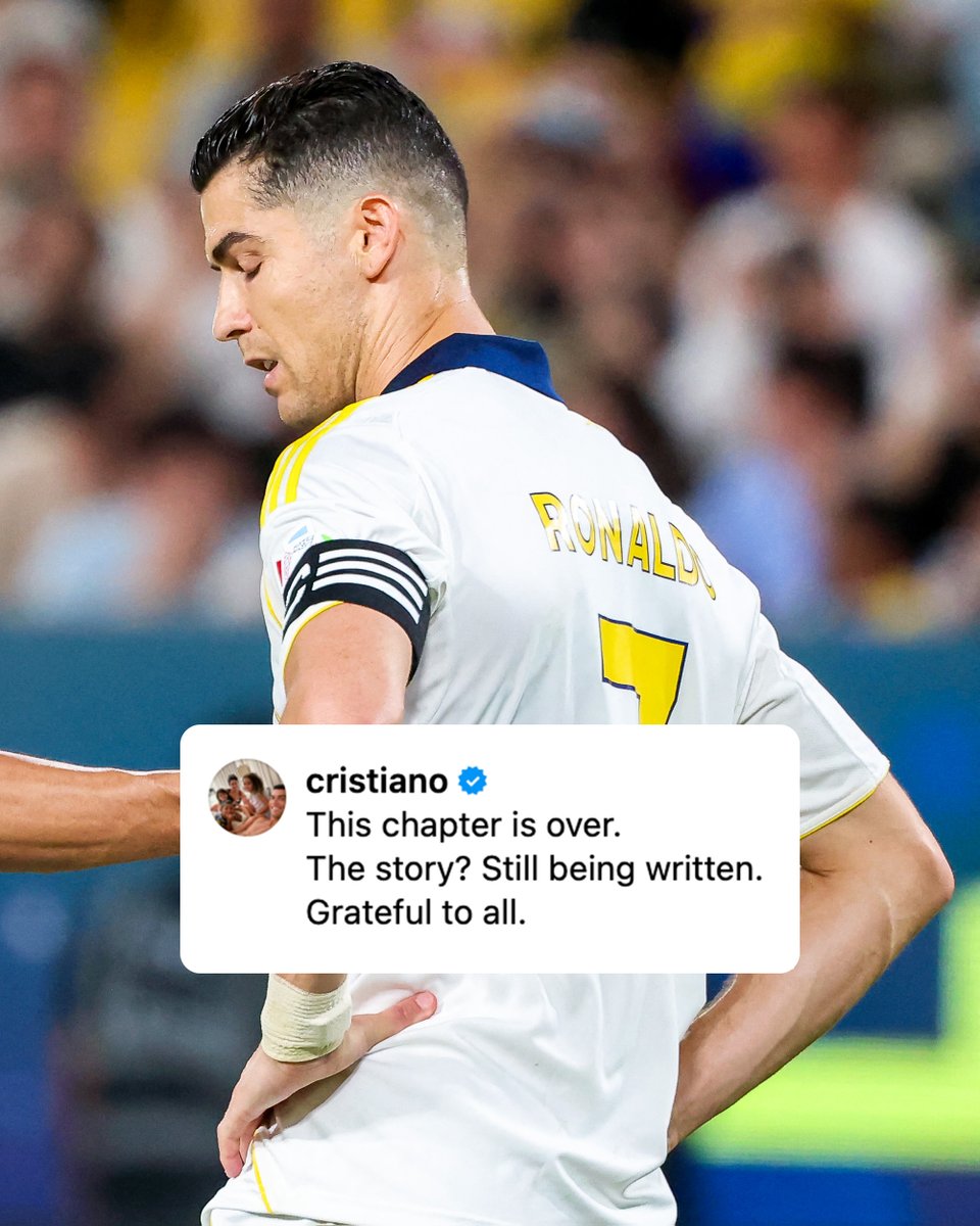 brfootball's tweet photo. Cristiano Ronaldo on IG after Al-Nassr's loss on the final day of the Saudi Pro League season: 'this chapter is over.'

His contract expires at the end of June 🤔

🔗 https://t.co/L0Cu93QbSJ https://t.co/GAk7wnh0tu