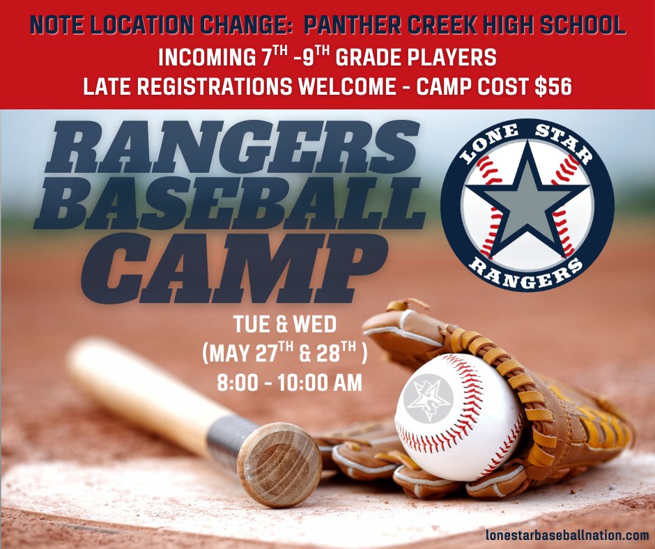 🚨RANGER BASEBALL CAMP - LOCATION CHANGE🚨

Due to field conditions at Lone Star Field, this week’s Rangers Baseball Summer Camp has been moved to Panther Creek High School. The camp is for Incoming 7th-9th grade baseball players. Late registrations are welcome ($56).