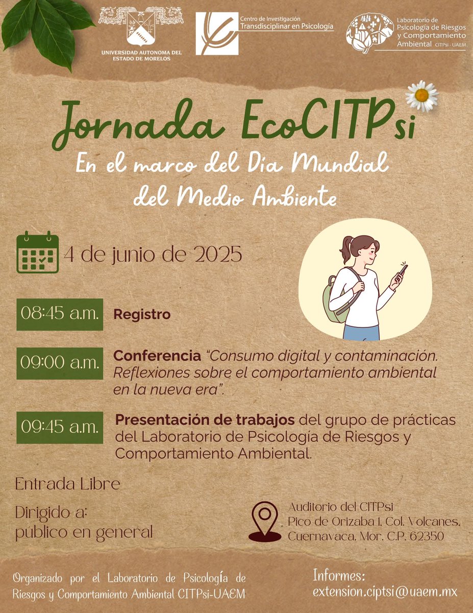 citpsi's tweet photo. 🛎En el marco del Día Mundial del Medio Ambiente 🌿🌎 se llevará a cabo la Jornada EcoCITPsi. ♻️

📅 4 de junio
⏰ 9:00 h
📍 Auditorio del CITPsi

¡Los esperamos en nuestras instalaciones!

@prensauaem @uaemorelos https://t.co/4uaa1JaXZr