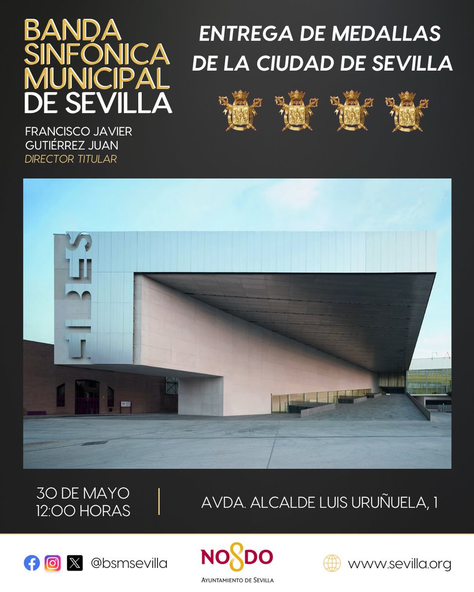 Banda Sinfónica Municipal de Sevilla (@bsmsevilla) on Twitter photo 🎺 En los próximos días, la <a href="/BSMSevilla/">Banda Sinfónica Municipal de Sevilla</a> participará en dos actos clave de mayo.
El primero: la 𝗚𝗮𝗹𝗮 𝗱𝗲 𝗘𝗻𝘁𝗿𝗲𝗴𝗮 𝗱𝗲 𝗠𝗲𝗱𝗮𝗹𝗹𝗮𝘀 𝗱𝗲 𝗹𝗮 𝗖𝗶𝘂𝗱𝗮𝗱 𝟮𝟬𝟮𝟱, homenaje del <a href="/Ayto_Sevilla/">Ayuntamiento de Sevilla</a> a quienes hacen grande a Sevilla.
📅 Viernes 30 de mayo
📍 FIBES
⏰ 12:00h 🎺 En los próximos días, la <a href="/BSMSevilla/">Banda Sinfónica Municipal de Sevilla</a> participará en dos actos clave de mayo.
El primero: la 𝗚𝗮𝗹𝗮 𝗱𝗲 𝗘𝗻𝘁𝗿𝗲𝗴𝗮 𝗱𝗲 𝗠𝗲𝗱𝗮𝗹𝗹𝗮𝘀 𝗱𝗲 𝗹𝗮 𝗖𝗶𝘂𝗱𝗮𝗱 𝟮𝟬𝟮𝟱, homenaje del <a href="/Ayto_Sevilla/">Ayuntamiento de Sevilla</a> a quienes hacen grande a Sevilla.
📅 Viernes 30 de mayo
📍 FIBES
⏰ 12:00h