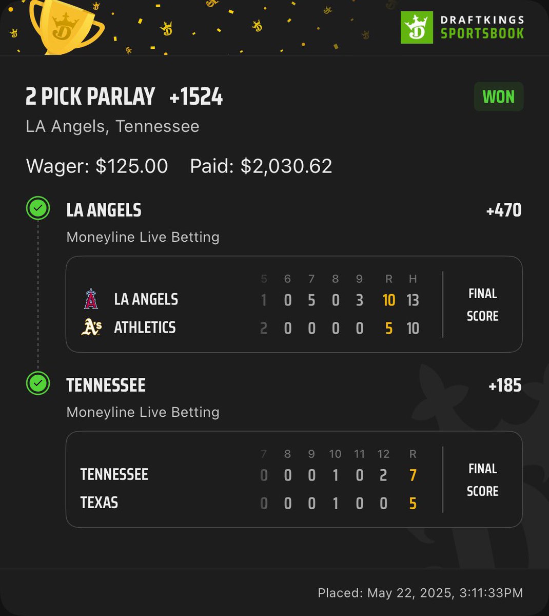 OnlyLocks0's tweet image. Hit this live heater ⚾️ 
$125 to $2,030 — +1524 juice.
Caught both live at perfect value.
DM if you want LOCKS 💰 
#parlay #locks