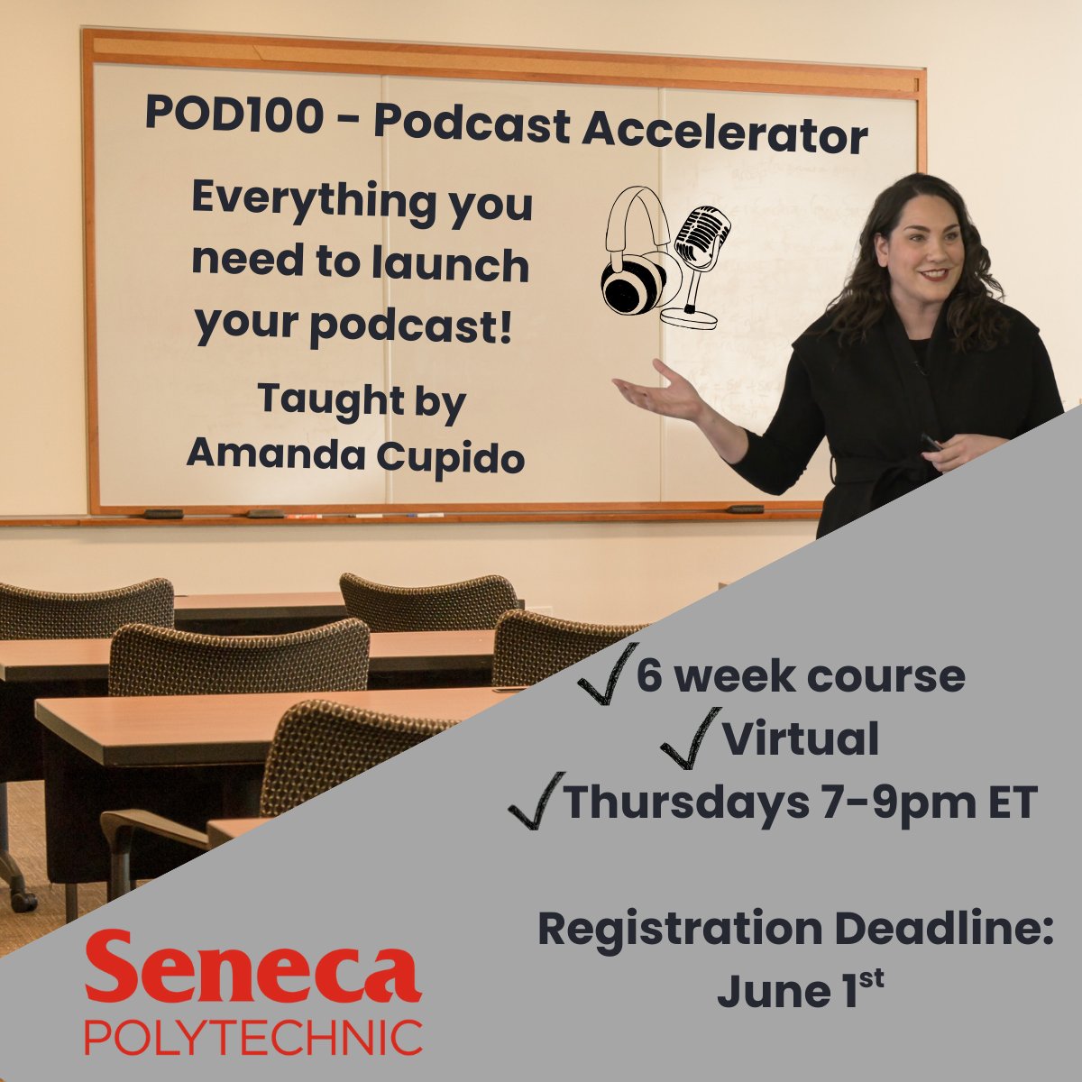 Have a great podcast idea but not sure how to start? Join Amanda Cupido for Seneca’s Podcast Accelerator, Thursdays from June 5 to July 10. Learn how to launch your podcast with expert guidance. Register below.
senecapolytechnic.ca/ce/classes/POD…