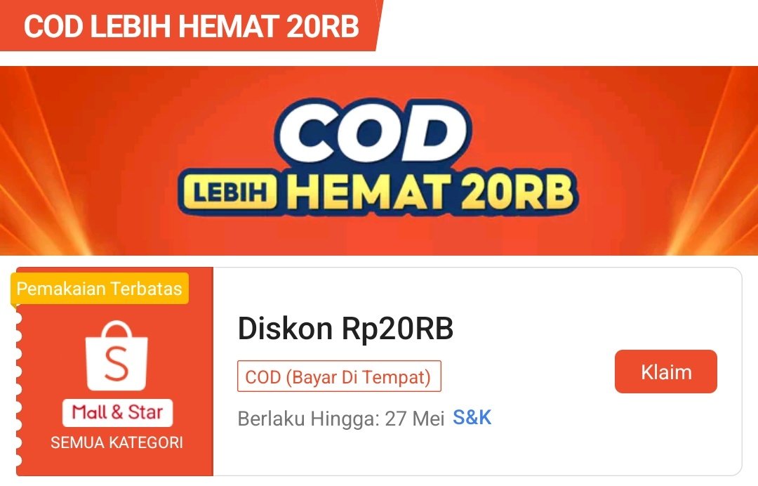 Ada setiap hari‼️

Diskon Rp20.000
Minimal pembelian Rp50.000
⏰ Jam 12:00
📌 Khusus pembayaran COD

Vouchernya sudah bisa diklaim:
s.shopee.co.id/Laz4VdSnw