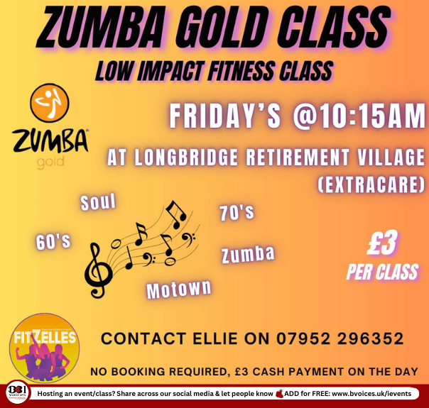 #SWBrumEVENTS – Zumba Gold 2025
INFO: bvoices.uk/4giwEqB

📅 Fridays 
🕚 10:15am - 11am
📍 #Longbridge Extra Care Village
🎟️ £3
👤 Open to ALL
ℹ️ Low Impact Classes

-

#SWBrumWELLBEING
#B31VoicesSupportingLocal 
#Zumba
#ZumbaGold
#Birmingham 
#BirminghamUK 
#B31Voices