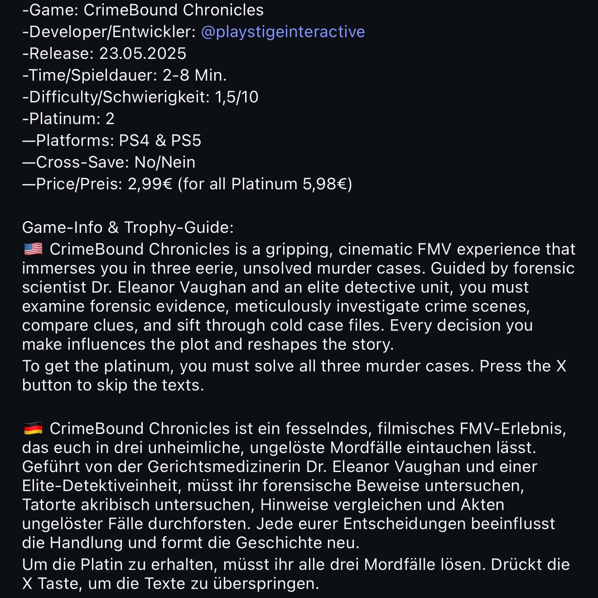 Marci‘s Life (@marcelreise11) on Twitter photo Since friday #CrimeBoundChronicles by <a href="/playstige/">Playstige Interactive</a> is available.
instagram.com/share/BADS7pNG…
<a href="/SilentGhost86/">SilentGhost</a> <a href="/PSN_Robert2567/">Robert2567</a> <a href="/Platingamer73/">Platingamer-HRO</a> <a href="/TrophyN3rd/">🎮 Trophy /\/3rd</a> <a href="/PlatCat/">TᕼE ᑭᒪᗩTIᑎᑌᗰ ᑕᗩT</a> <a href="/DerPlatinjunge/">Platinjunge</a> <a href="/Phil_TDZ/">Siralja</a> <a href="/IBadDriverI/">IBadDriverI</a> <a href="/Luc0rval/">The Dutch 🇳🇱 Trophy🏆 Hunter</a> Since friday #CrimeBoundChronicles by <a href="/playstige/">Playstige Interactive</a> is available.
instagram.com/share/BADS7pNG…
<a href="/SilentGhost86/">SilentGhost</a> <a href="/PSN_Robert2567/">Robert2567</a> <a href="/Platingamer73/">Platingamer-HRO</a> <a href="/TrophyN3rd/">🎮 Trophy /\/3rd</a> <a href="/PlatCat/">TᕼE ᑭᒪᗩTIᑎᑌᗰ ᑕᗩT</a> <a href="/DerPlatinjunge/">Platinjunge</a> <a href="/Phil_TDZ/">Siralja</a> <a href="/IBadDriverI/">IBadDriverI</a> <a href="/Luc0rval/">The Dutch 🇳🇱 Trophy🏆 Hunter</a>