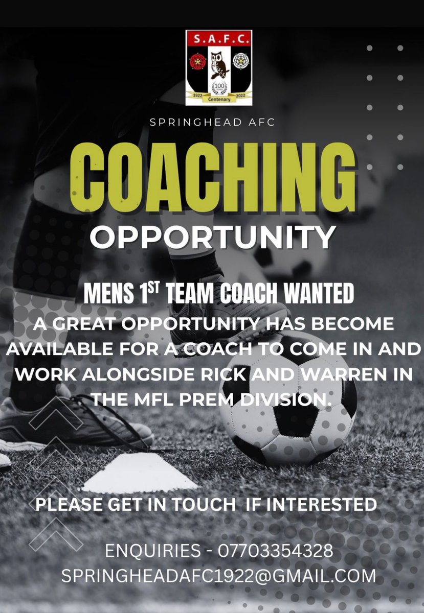 SpringheadAFC's tweet photo. Our 1st team looking to add the coaching staff. Great opportunity for any qualified coaches out there 🔴⚫️ https://t.co/ySmMB1QfC5