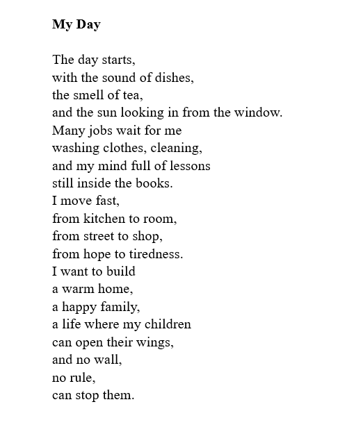 Wisna lives in Afghanistan and used to be a teacher. Please read her poem and tell her she is heard. Poem in two parts.
