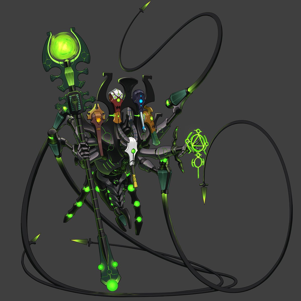 Idkemon the Insane, Arch-Cryptek of the Apotheo Dynasty. As the champion of the Outsider, it’s unsurprising that he fused the heads of rival crypteks to his own neural matrice in a quest for knowledge — though it has cost him his sanity.

Art done by the great <a href="/EthanM20941990/">Your Average Skeletor</a>