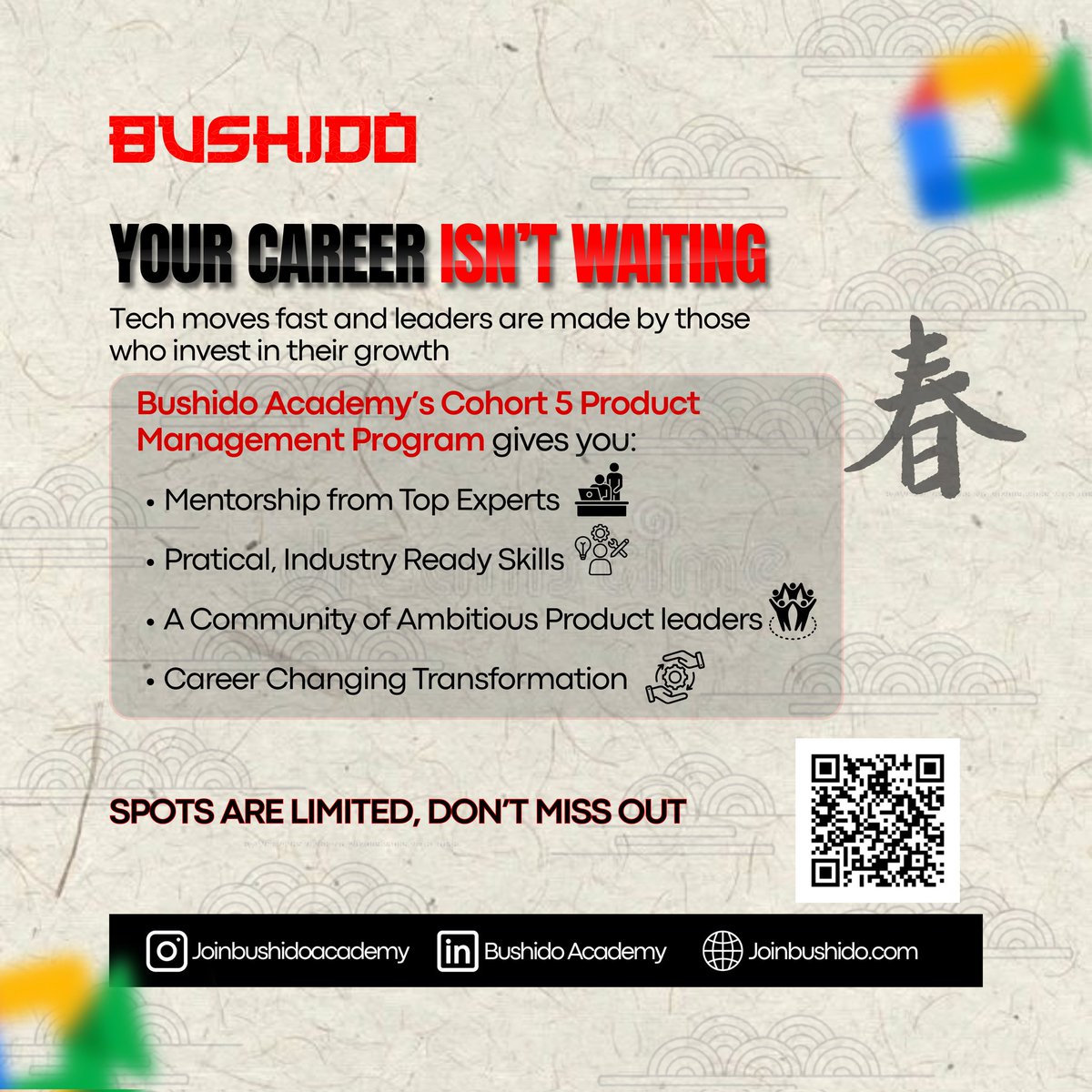 joinbushido's tweet photo. Unlock your dream career with Bushido's Academy Cohort

Don't forget to attend our webinar tomorrow, 27th May, 7pm WAT. Register below 

https://t.co/vLsOPIlKfG
#explore #BushidoAcademy https://t.co/VroTWSZJxM
