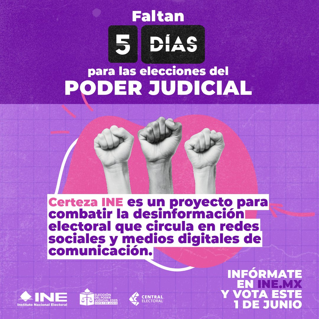 INEMexico's tweet photo. ¡Faltan 5 días para la #ElecciónJudicial! 🚨 Ingresa al sitio: https://t.co/iryIyM9fFr y consulta las trayectorias y propuestas de las candidaturas. https://t.co/StRW4H7VCF