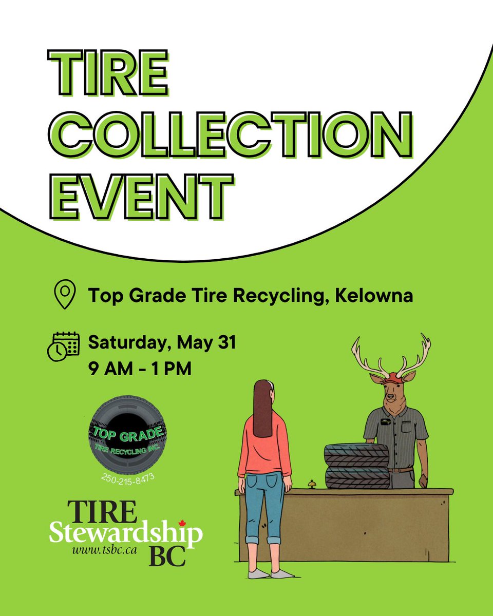 #KELOWNA – Drop off your old tires at our upcoming tire collection event!
📅 Saturday, May 31, 2025, from 9 AM – 1 PM
📍 Top Grade Tire Recycling, 965 McCurdy Rd, Kelowna, BC V1X 2P9, Canada

For more details, visit tsbc.ca/community-even…