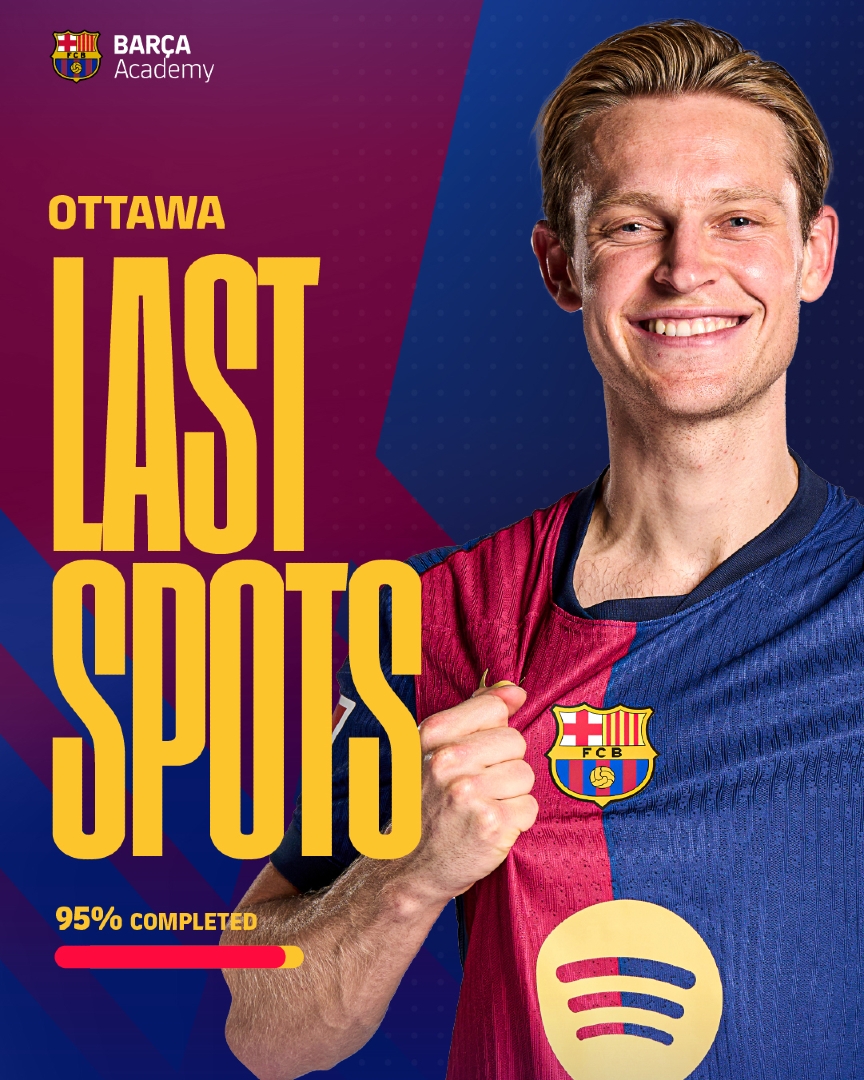 Barcaacademyca's tweet photo. 🚨 Ottawa is now over 95% full! Join us July 14–18 at Terry Fox Athletic Facility for 5 days of high-performance training ⚽ 📣 Last spots remaining – don’t wait! Secure your place now!

#FCBCamps #OttawaSoccer #TrainWithBarça #SoccerCampCanada #TerryFoxFacility #BarçaAcademy https://t.co/EpBI1G0c8w
