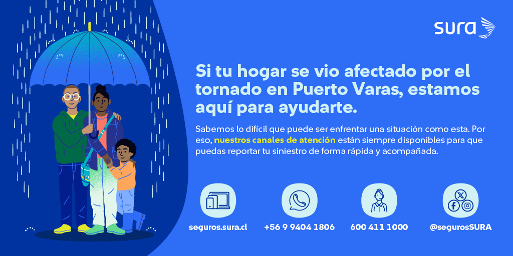 Si tu hogar fue afectado por el tornado en Puerto Varas, estamos aquí para ayudarte💙. Puedes reportar tu siniestro a través de nuestros canales de atención. Te acompañamos en todo momento. 💪