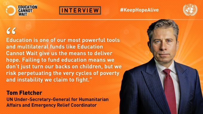 Kent Page (@kentpage) on Twitter photo 🆕#ECW Interview with <a href="/UNOCHA/">UN Humanitarian</a>'s <a href="/UNReliefChief/">Tom Fletcher</a>
"#Education is one of our most powerful tools & multilateral funds like <a href="/EduCannotWait/">Education Cannot Wait</a> give us the means to deliver hope. Failing to fund education means we don't just turn our backs on children, but we risk perpetuating the very 🆕#ECW Interview with <a href="/UNOCHA/">UN Humanitarian</a>'s <a href="/UNReliefChief/">Tom Fletcher</a>
"#Education is one of our most powerful tools & multilateral funds like <a href="/EduCannotWait/">Education Cannot Wait</a> give us the means to deliver hope. Failing to fund education means we don't just turn our backs on children, but we risk perpetuating the very