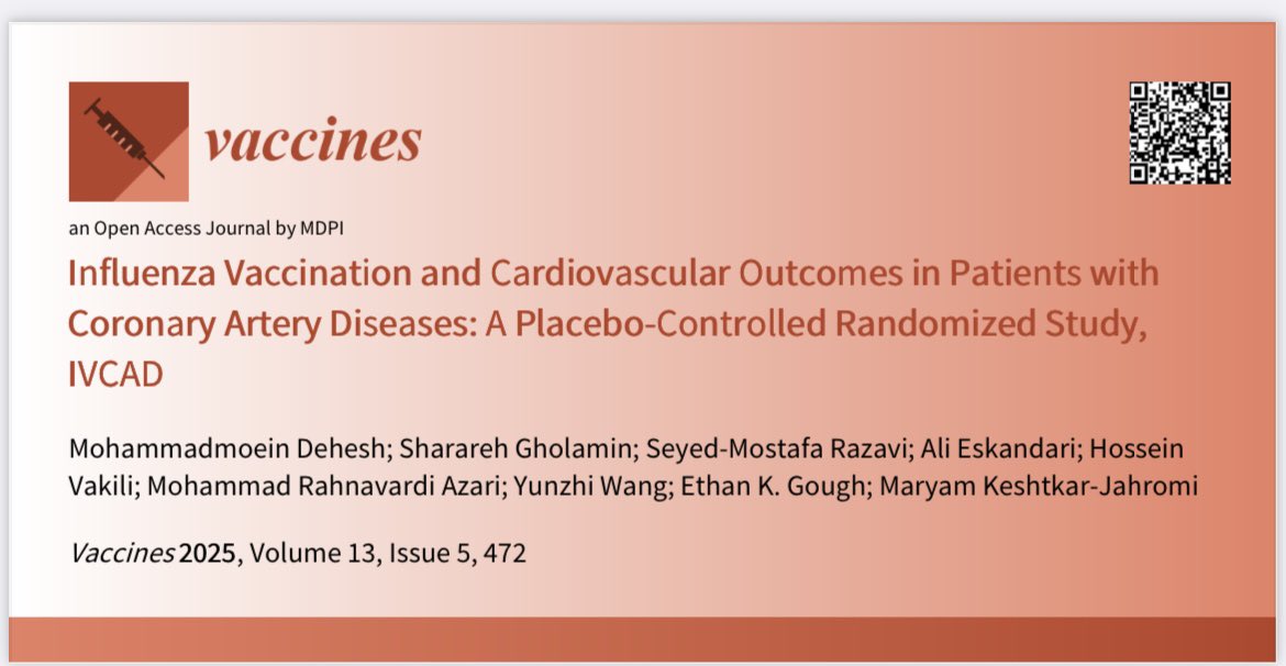 🚨 New Study Alert! 🚨
We don’t have a lot of placebo-controlled RCT investigating correlation of influenza vaccination and cardiovascular outcomes in patients with CAD.

Flu shot seems needed to protect heart❤️💉

#IVCAD #CardioTwitter #PrevCardio #MedTwitter #Influenza
