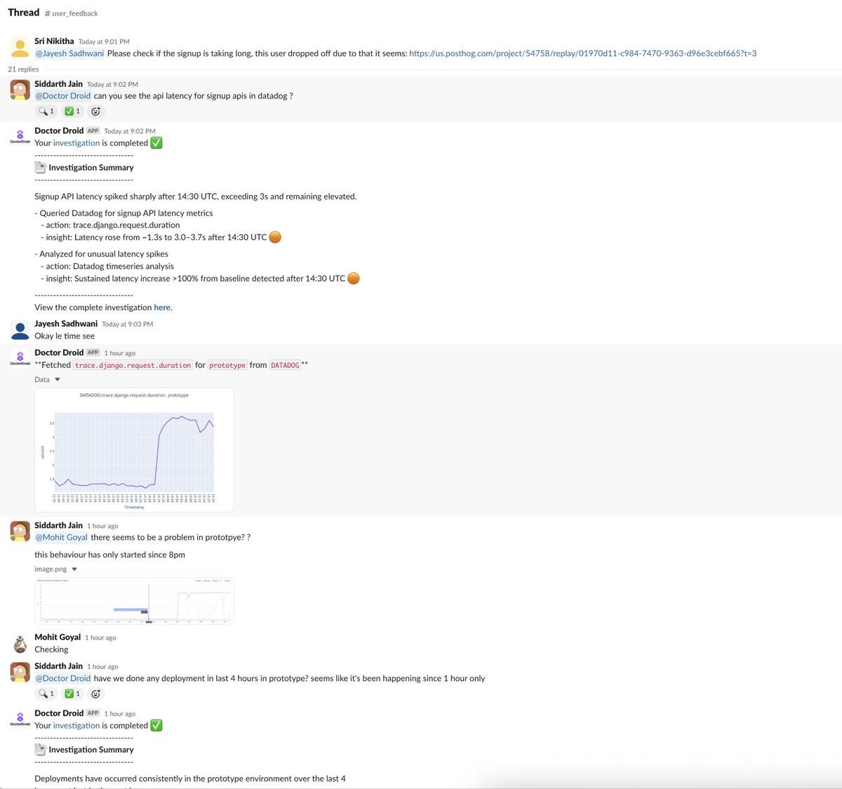 🚨 AI caught a production issue before anyone opened a dashboard.

After a big launch, a teammate noticed a signup drop-off. Instead of diving into dashboards, I asked <a href="/DrDroidDev/">DrDroid</a> :

“Can you check signup API latency in Datadog?”

It found a massive latency spike after 8PM —
