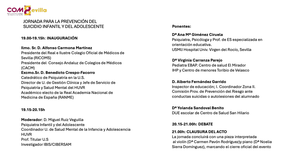 PsyNal (Translational Psychiatry Research Group) (@psy_nal) on Twitter photo Mañana, martes 27 mayo, PsyNal estará presente en el programa de la Jornada para la prevención del suicidio infantil y del adolescente. Participarán el Dr. Benedicto Crespo-Facorro, <a href="/mruizveguilla/">Miguel Ruiz Veguilla</a> y Ana María Giménez, del <a href="/HospitalUVRocio/">HospitalUVRocio</a>
A partir de las 19:00 en <a href="/RICOMSevilla/">Colegio de Médicos de Sevilla</a> Mañana, martes 27 mayo, PsyNal estará presente en el programa de la Jornada para la prevención del suicidio infantil y del adolescente. Participarán el Dr. Benedicto Crespo-Facorro, <a href="/mruizveguilla/">Miguel Ruiz Veguilla</a> y Ana María Giménez, del <a href="/HospitalUVRocio/">HospitalUVRocio</a>
A partir de las 19:00 en <a href="/RICOMSevilla/">Colegio de Médicos de Sevilla</a>
