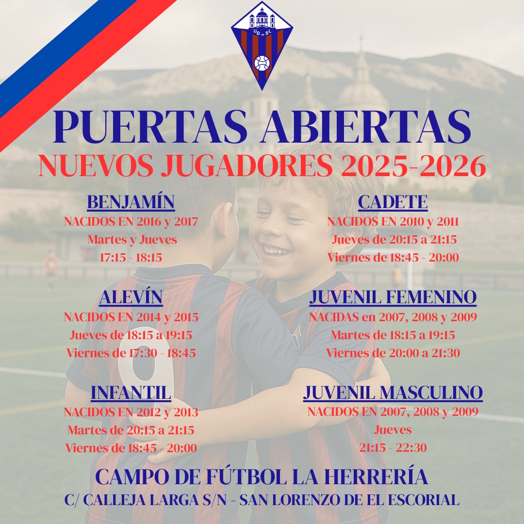 Unión Deportiva San Lorenzo (@udsanlorenzo) on Twitter photo 🚨 HORARIOS JORNADAS PUERTAS ABIERTAS
⚽️ Cantera UD San Lorenzo. Ven a probar con nosotros!
📅 Del 26 de mayo al 6 de junio
🏟 Campo de Fútbol La Herrería
Más info en:
📲 636 071 514
📧 futbolbase@udsanlorenzo.com
#aupasanlo 🔴🔵🔴 🚨 HORARIOS JORNADAS PUERTAS ABIERTAS
⚽️ Cantera UD San Lorenzo. Ven a probar con nosotros!
📅 Del 26 de mayo al 6 de junio
🏟 Campo de Fútbol La Herrería
Más info en:
📲 636 071 514
📧 futbolbase@udsanlorenzo.com
#aupasanlo 🔴🔵🔴