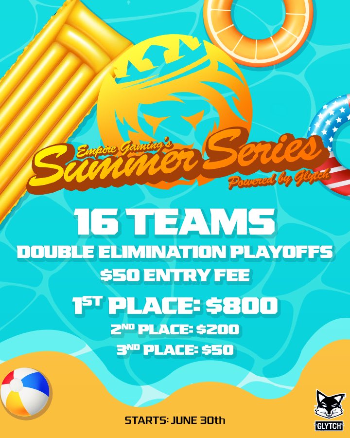 EMPIREGamingNA's tweet photo. Ladies and Gentlemen presenting the EMPIRE Gaming Summer Series!

A tier 3 Valorant league for those rising to become the best. 

A sweet prize pool and weekly performance bonusesfrom @glytchenergy are on deck!

16 teams. 2 Groups. 7 weeks. and a whole lot of fun! 

Sign up with the link below! Let’s party!☀️🍉
