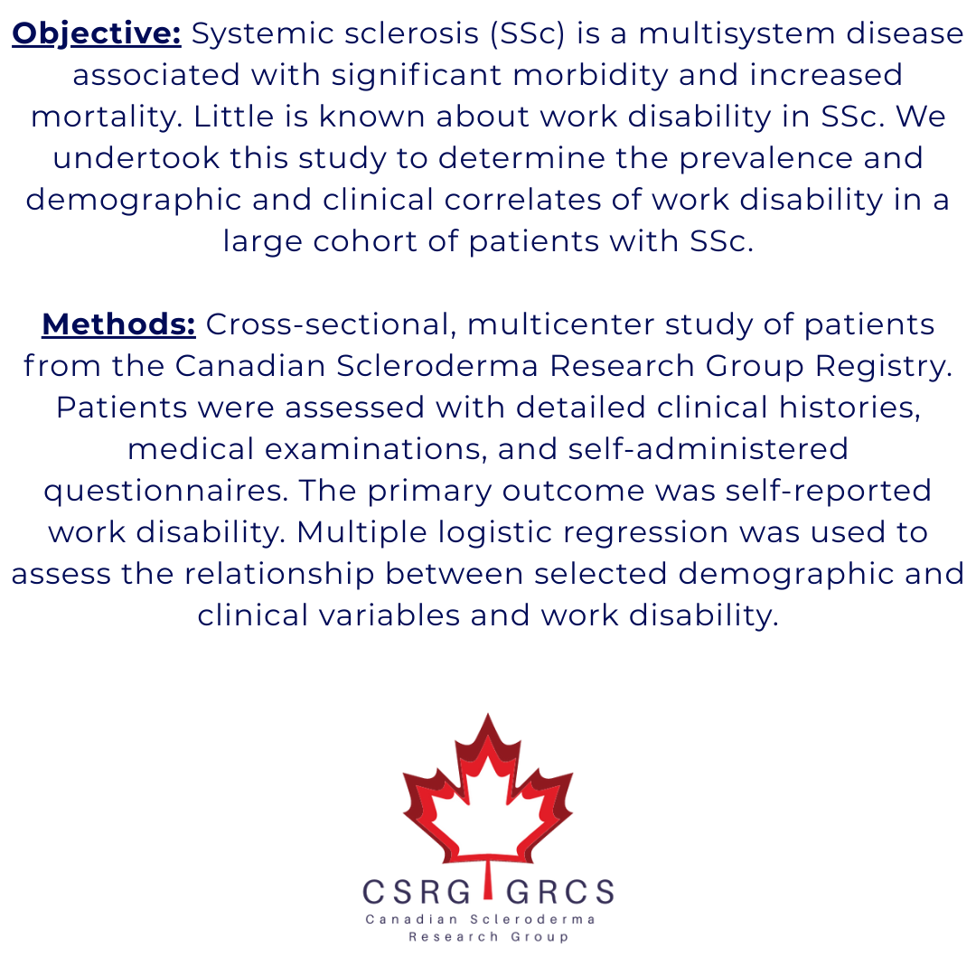 CSRG2022's tweet image. Clinicians — how often do you ask about work when seeing your patients with systemic sclerosis? 🩺💼

This 2009 article by Hudson et al. found that nearly half of SSc patients were work-disabled early in their disease course.
👉 jrheum.org/content/36/11/…