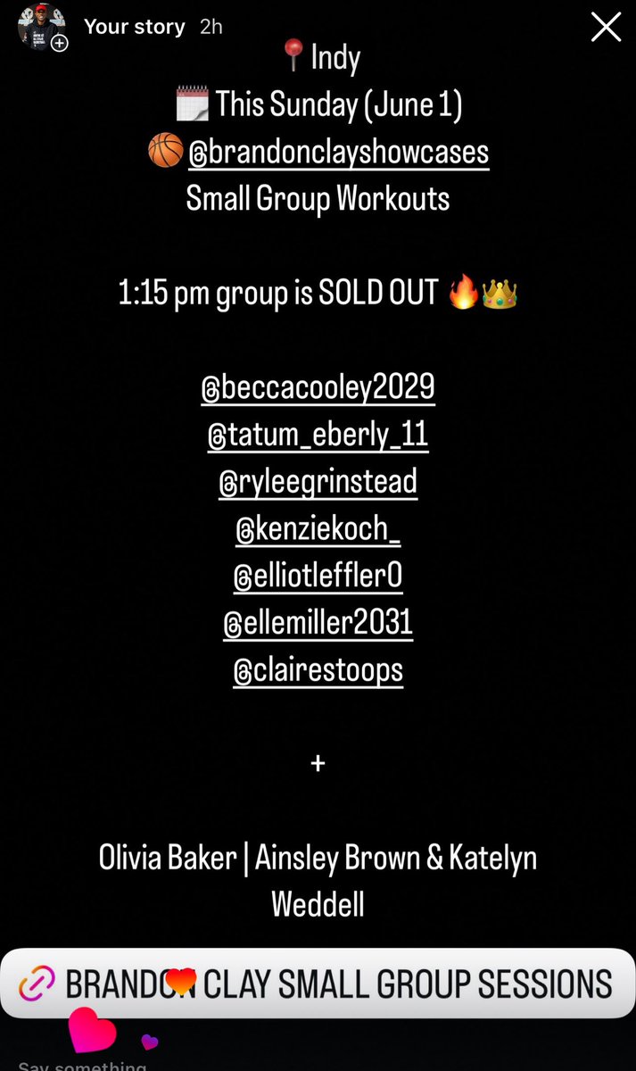 B r a n d o n C l a y (@brandonclaypsb) on Twitter photo Brandon Clay Sunday Small Group Workouts
Powered x @brandonclaypsb
“The Best Evals & Brand Marketing in 🏀.”
🗓️ June 1
📍 Indy
“In 49 other states, it’s just basketball…”
Excited about the 1:15 pm group.
SOLD OUT!!
<a href="/BeccaCooley2029/">Becca</a>
<a href="/tatum_eberly_11/">Tatum Eberly</a>
<a href="/RyleeGrinstead/">Rylee Grinstead</a> Brandon Clay Sunday Small Group Workouts
Powered x @brandonclaypsb
“The Best Evals & Brand Marketing in 🏀.”
🗓️ June 1
📍 Indy
“In 49 other states, it’s just basketball…”
Excited about the 1:15 pm group.
SOLD OUT!!
<a href="/BeccaCooley2029/">Becca</a>
<a href="/tatum_eberly_11/">Tatum Eberly</a>
<a href="/RyleeGrinstead/">Rylee Grinstead</a>