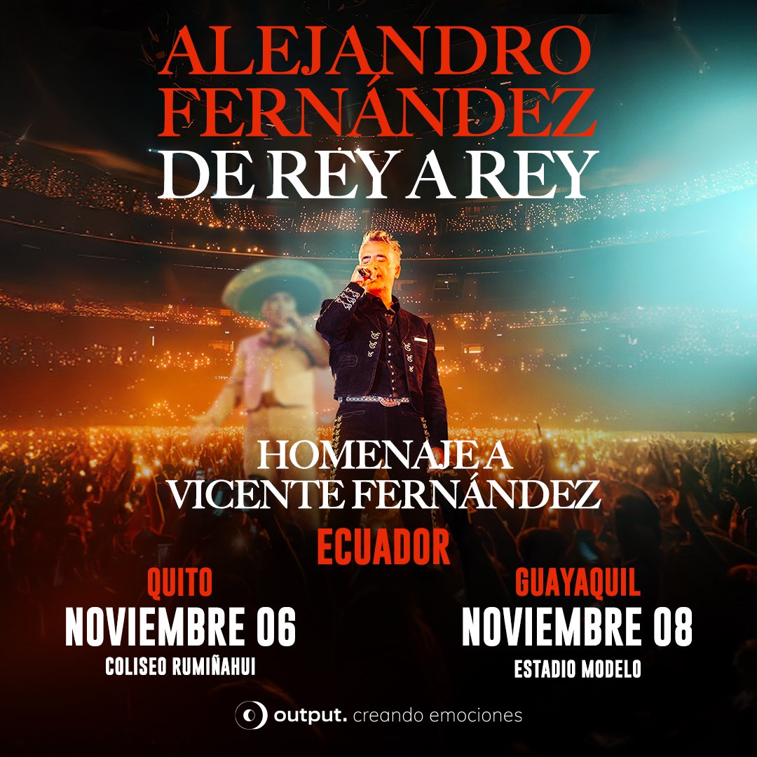 ¡ECUADOR! 🇪🇨🔥🙌🏼

¡Agárrate porque #DeReyARey llega a ti este NOVIEMBRE y traeremos todo el arsenal que el viejón nos dejó!

¿List@s pa’ cantar la noche entera? 

BOLETOS disponibles MAYO 31 - 12pm (hora local) 
LINKS 🎫 

Quito
ticketshow.com.ec/evento/Alejand…

Guayaquil