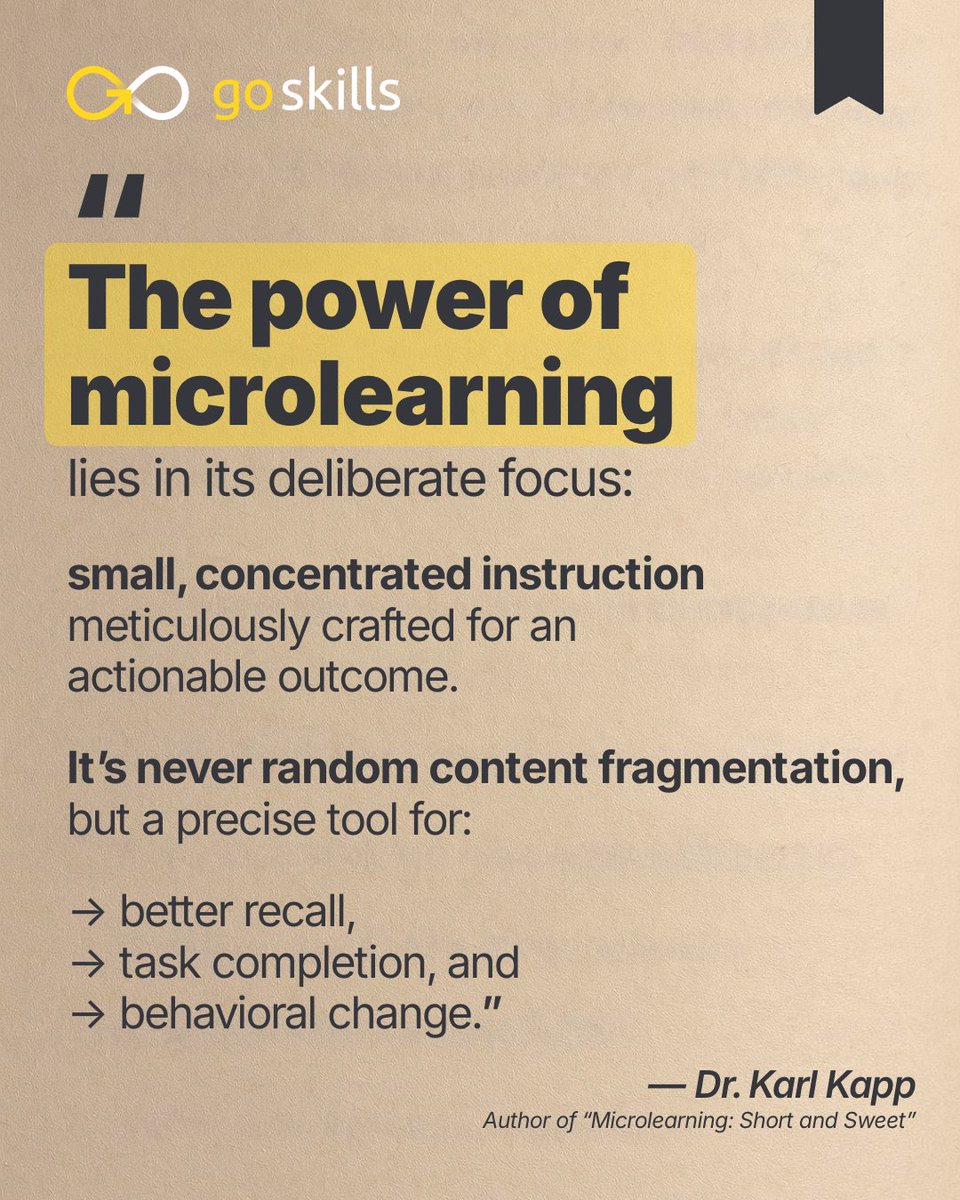 getgoskills's tweet image. Is #microlearning just breaking up a course into smaller chunks? 🧐

What does it actually look like in action?

And what kind of impact can it have on your training strategy?

Dr. @kkapp has already dropped a few hints. 👇

P.S. If you&apos;re new to microlearning — or just want to…