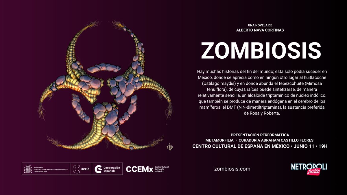 Zombiosis (@z0mbi0sis) on Twitter photo Como parte del ciclo #Metamorfilia, con la curaduría de <a href="/aullidosp/">Aullidos Panteoneros</a>, la novela #Zombiosis tendrá una presentación performática en el <a href="/ccemx/">Centro Cultural de España México</a>.
¡Acompáñenos a explorar las fronteras del género de terror contemporáneo!
🗓️ junio 11
⏰❤️ 19h
ccemx.org/evento/zombios… Como parte del ciclo #Metamorfilia, con la curaduría de <a href="/aullidosp/">Aullidos Panteoneros</a>, la novela #Zombiosis tendrá una presentación performática en el <a href="/ccemx/">Centro Cultural de España México</a>.
¡Acompáñenos a explorar las fronteras del género de terror contemporáneo!
🗓️ junio 11
⏰❤️ 19h
ccemx.org/evento/zombios…