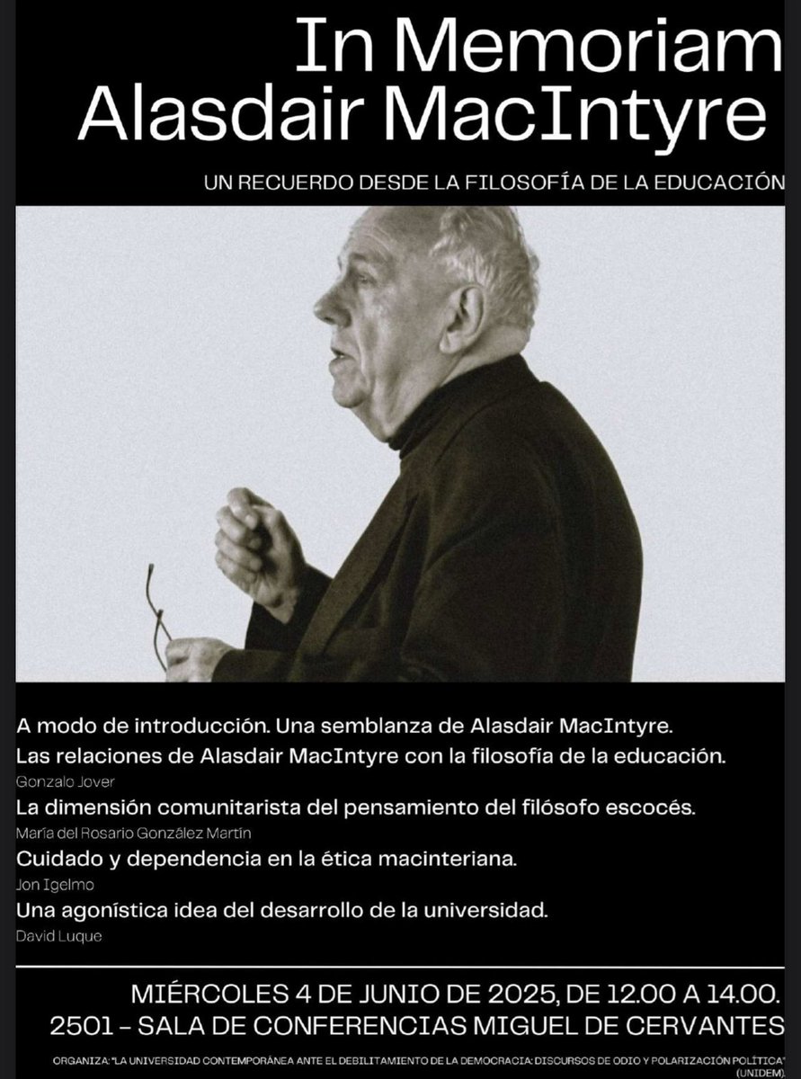 Jon Igelmo Zaldívar (@jonigelmo) on Twitter photo El próximo 4 de junio en <a href="/ucm_educacion/">Facultad Educación UCM</a> estaré participando en esta mesa redonda en homenaje al filósofo Alasdair MacIntyre. Será un placer compartir sesiones con compañeros/as de <a href="/CCyPE_UCM/">Cultura Cívica y Políticas Educativas (grupo UCM)</a>. El próximo 4 de junio en <a href="/ucm_educacion/">Facultad Educación UCM</a> estaré participando en esta mesa redonda en homenaje al filósofo Alasdair MacIntyre. Será un placer compartir sesiones con compañeros/as de <a href="/CCyPE_UCM/">Cultura Cívica y Políticas Educativas (grupo UCM)</a>.