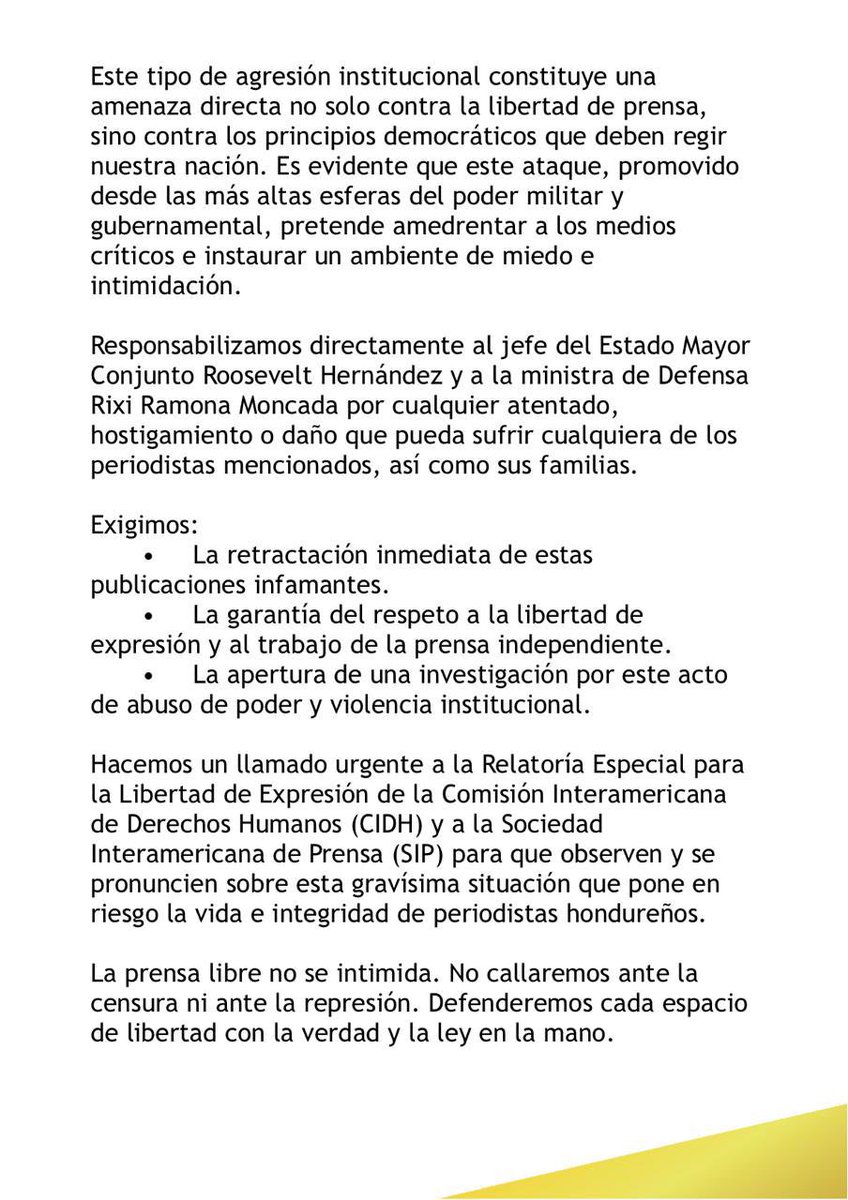 📄📌 El Colegio de Periodistas de Honduras (CPH) rechaza enérgicamente los ataques del Jefe del Estado Mayor, Roosevelt Hernández, y de la Ministra de Defensa, Rixi Moncada, dirigidos contra nuestro presidente y dos distinguidos miembros de nuestra organización gremial.

⚖️