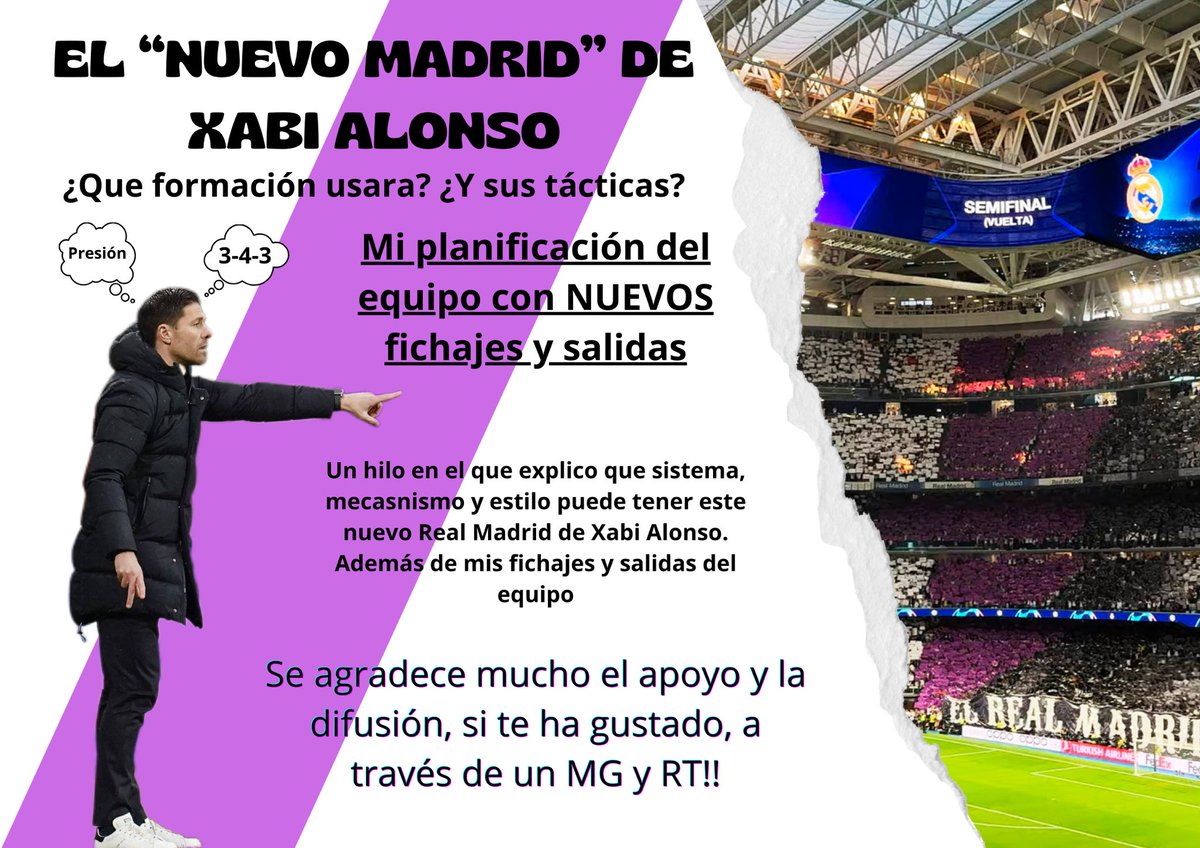 Xabi Alonso es el nuevo entrenador del Madrid👀

Voy a hacer un hilo planificando la próxima temporada, teniendo en cuenta las tácticas, estilo y planteamiento de juego con el que ha brillado en el Leverkusen. 

👉🏼Comentaré también las salidas y llegadas que haría

Abro hilo🧵