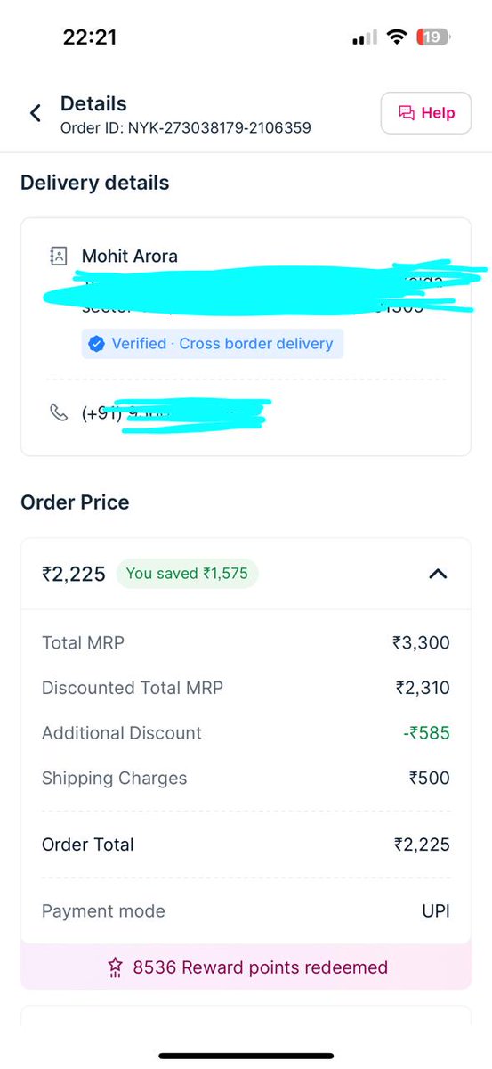 Mohitarora8190's tweet photo. @MyNykaa I ordered a product from Nykaa and paid 2225 INR after all discounts. However, on the invoice I can see the product cost as 1213.85 INR after discount and a total of 1565.77 INR including shipping charges. Why was I charged 660 INR extra? https://t.co/rBEszttlG0