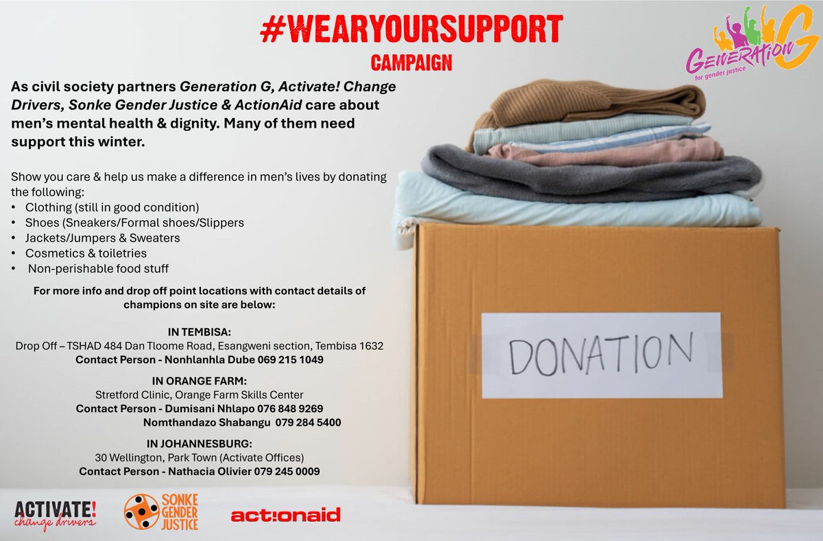 Do you have extra clothes? They could clothe healing. Join our drive. Support is not a trend. It’s action. It’s showing up. It’s donating. #WearYourSupport
#MentalHealthAwareness 
#GenerationGenderRSA 
<a href="/ActivateZA/">ACTIVATE! Change Drivers</a>